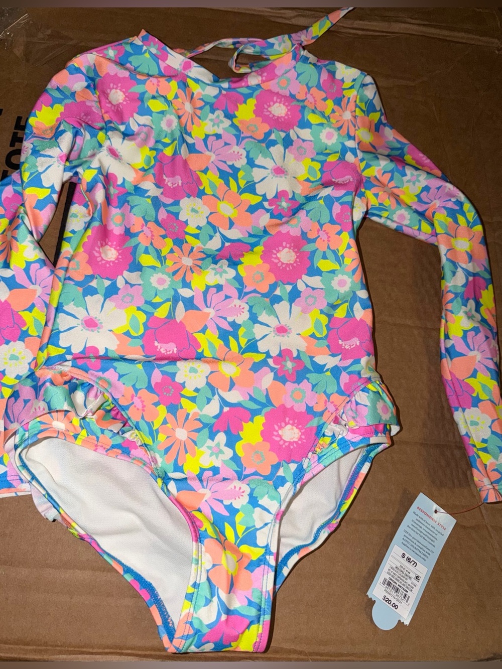 Target Girls' Floral Long-Sleeve One-Piece Swimsuit - Pink, Blue, Yellow